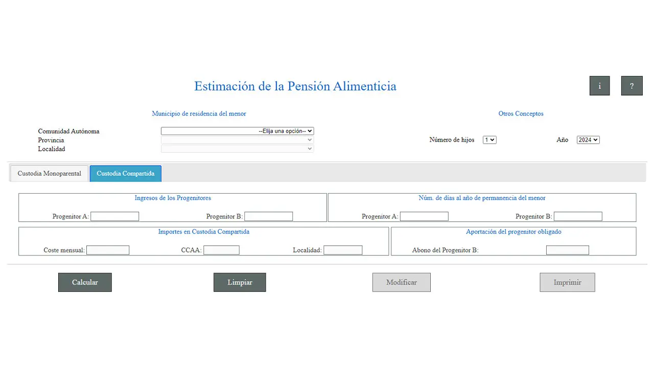 Simulador del CGPJ para realizar el cálculo de la pensión de alimentos en custodia compartida