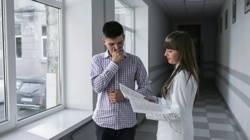 Una perito explica a un paciente que ha reclamado la responsabilidad civil por negligencia médica